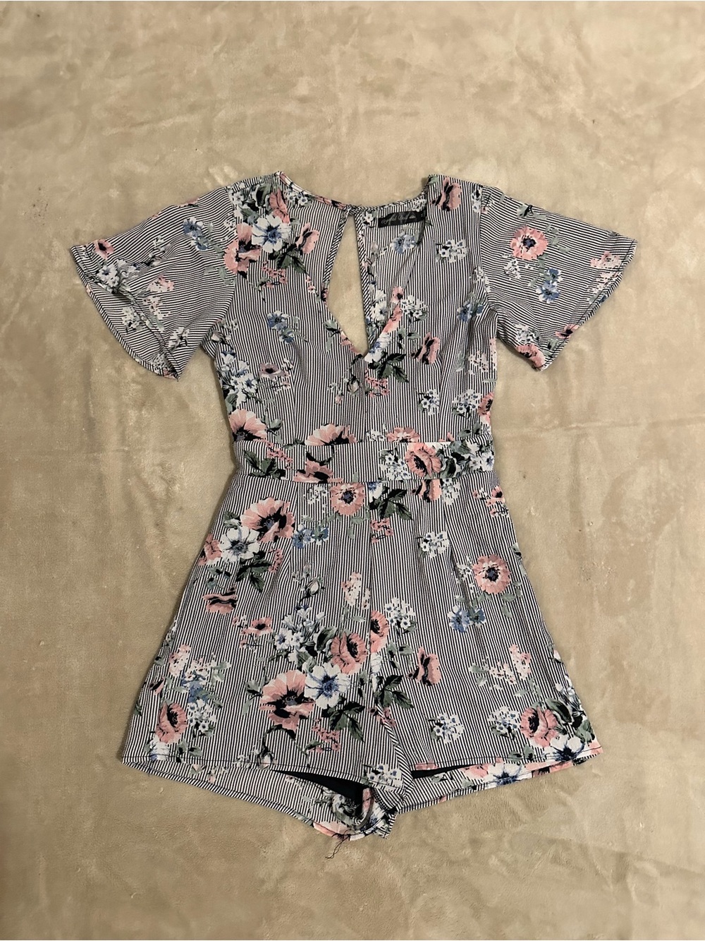 Floral Striped Romper with Keyhole Back - Pink & Black